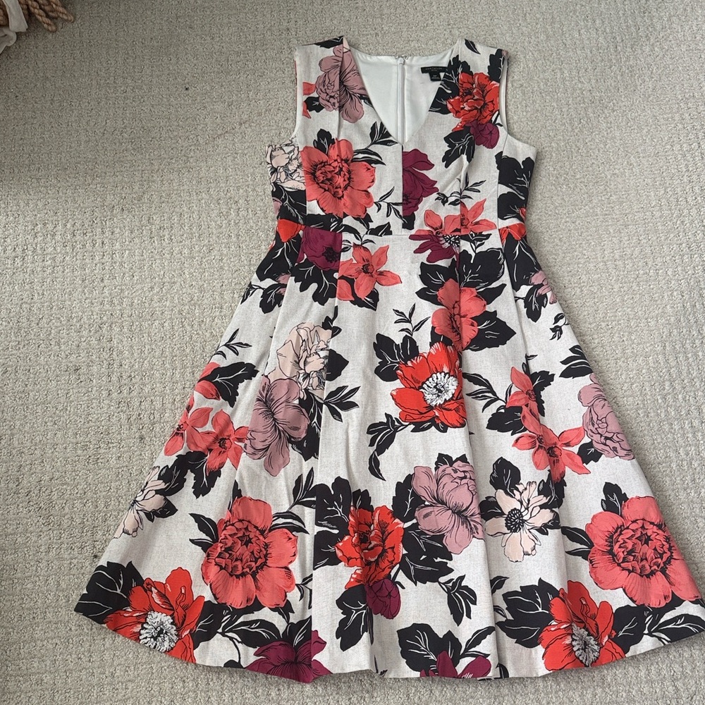 Ann Taylor Floral Midi Dress - Red, Pink, Black